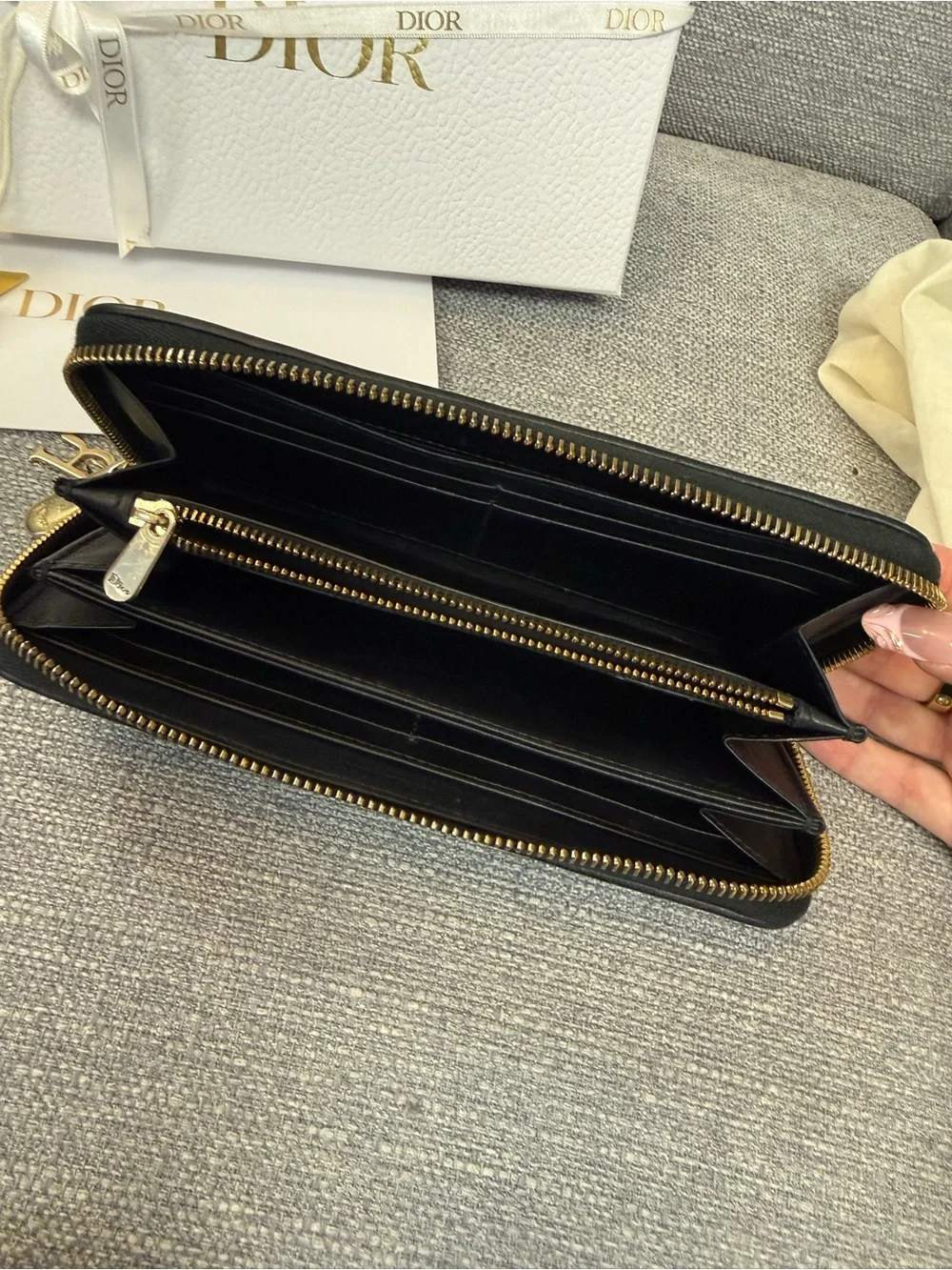 Dior Black Quilted Lady Dior Voyauger Zip Wallet with Gold Charms